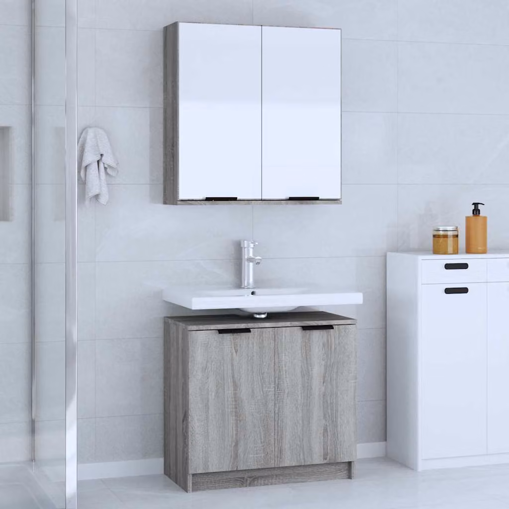 Set Mobili da Bagno Moderno vidaXL in Legno Multistrato Grigio composto da Mobile Lavabo e Armadietto con Specchio L/P/H: 64,5 x 33,5 x 59,0 cm