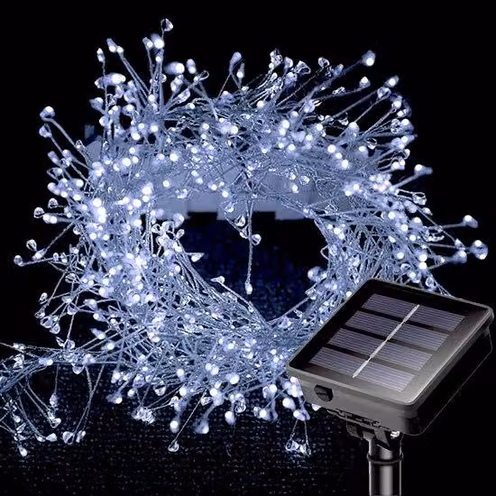 Ghirlande luminose a LED con alimentazione solare, lunghezza 6 metri, 200 LED, 8 modalità di illuminazione, cavo in rame impermeabile, mini ghirlande luminose a forma di fuochi d'artificio, adatte per vialetti e giardini.