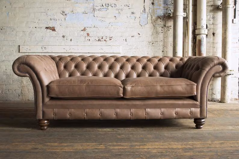 XXL Sofa 3 Sitzer Couch Chesterfield Polster Sitz Garnitur Leder Beige