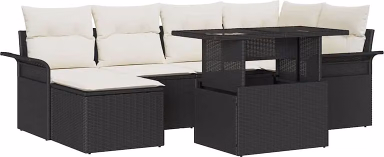 Set Divano da Giardino con cuscino 7 pcs Nero Poly Rattan