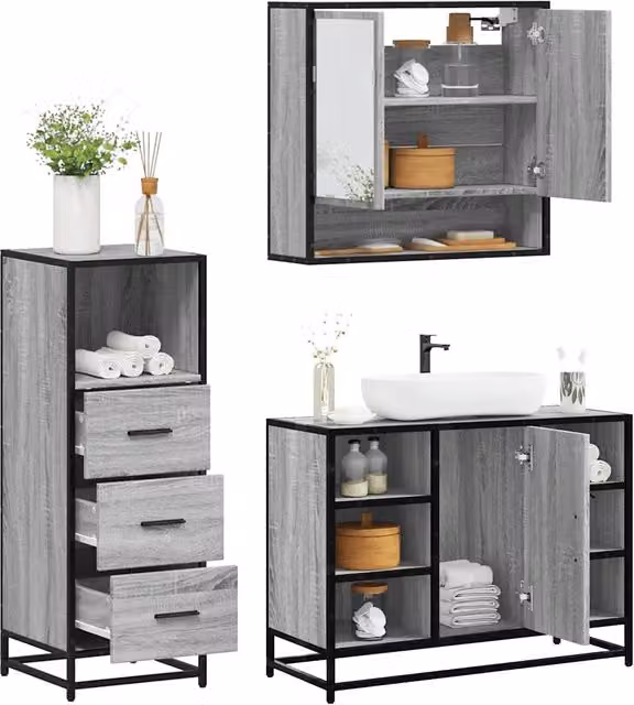 Set Mobili da Bagno 3 pz Grigio Sonoma in Legno Multistrato 3301063