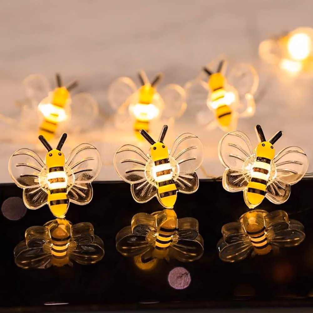 Catena luminosa a LED con 30 luci a forma di ape, lunghezza 3 metri, filo di rame, alimentazione a batteria, luce bianco caldo
