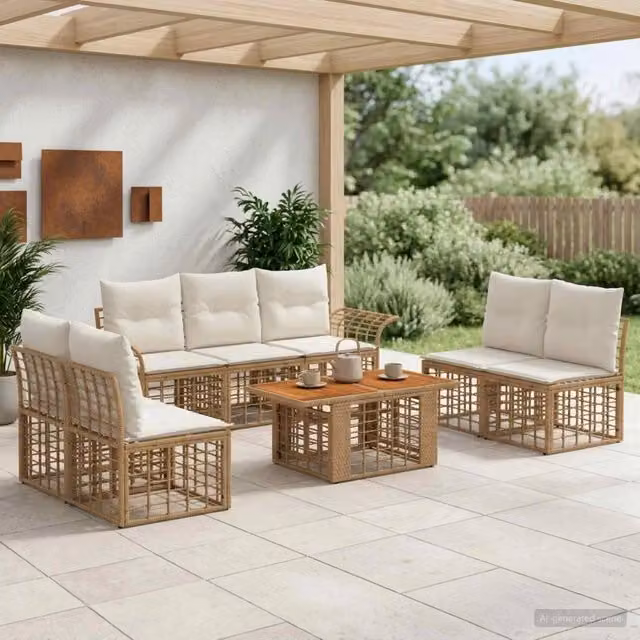 Set Divano da Giardino 8 pz Naturale e Bianco Crema polyrattan 3437968