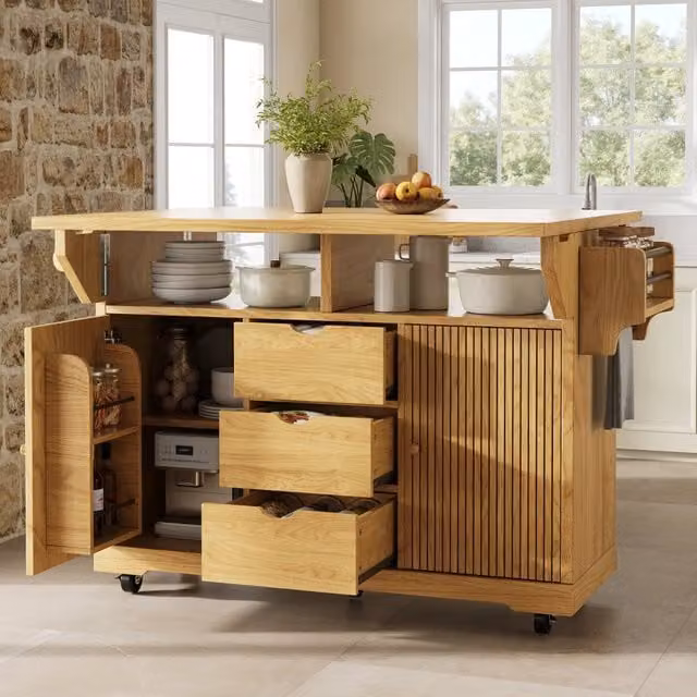 Desviae Carrello da cucina con piani laterali pieghevoli 3 cassetti ripiani regolabili MDF e metallo marrone con ruote frenanti