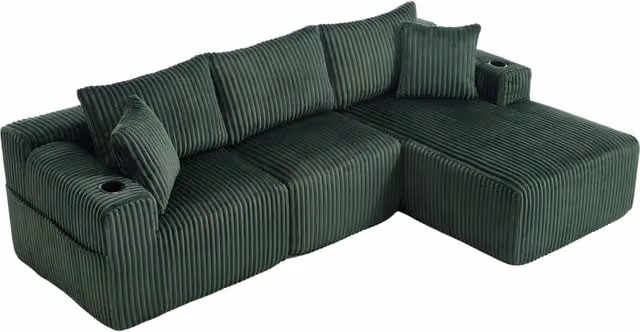 Divano modulare con chaise longue e divano 2 posti in tessuto di velluto, con 5 cuscini, tasche laterali e portabicchieri, imbottitura in schiuma ad alta densità