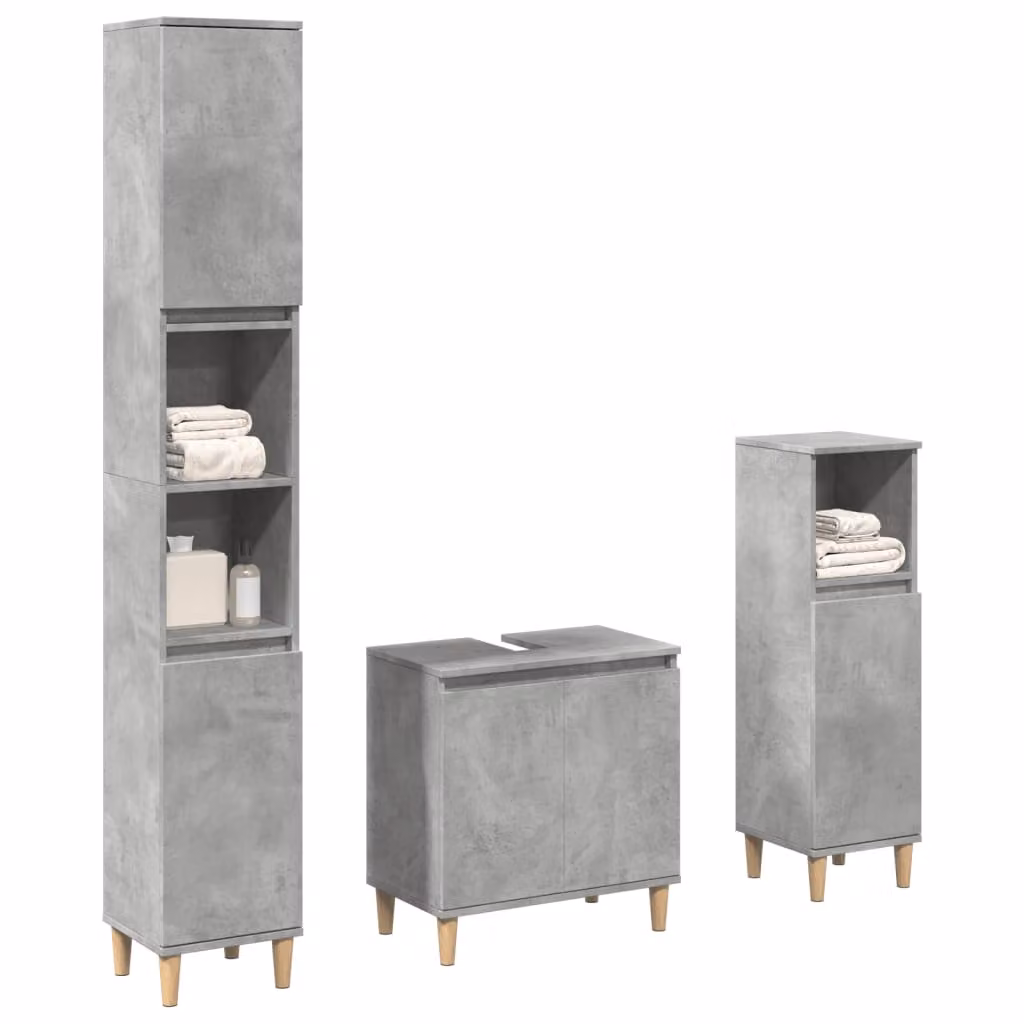 Set di mobili da bagno vidaXL in 3 pezzi grigio con finitura opaca in legno multistrato, composto da mobile lavabo, colonna alta e pensile a parete