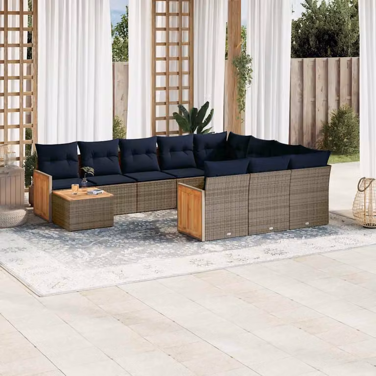 Set di divani da giardino vidaXL in polyrattan da 11 pezzi con cuscini grigi e blu, design moderno a L con tavolino e struttura in metallo per esterno