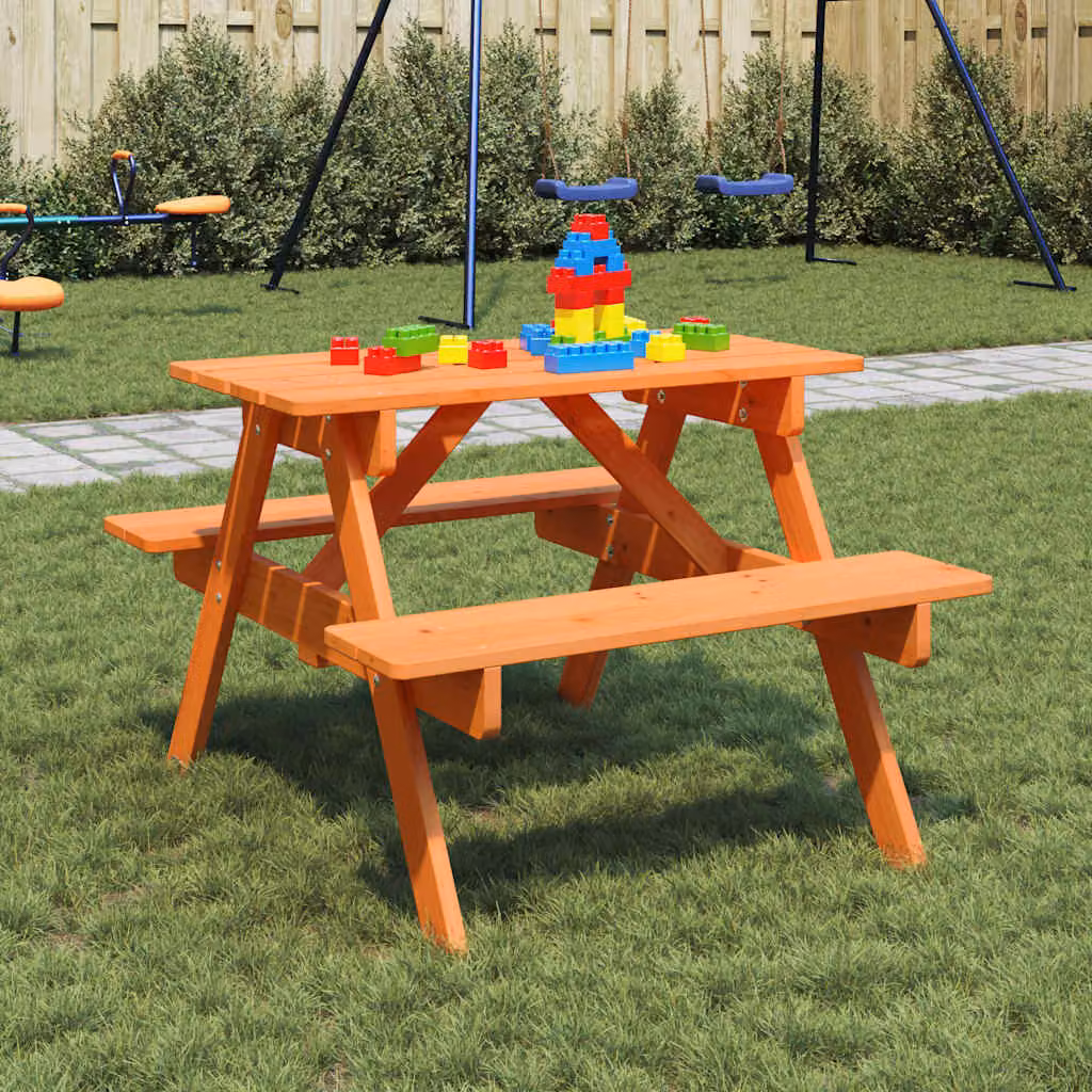 vidaXL Tavolo da picnic per bambini in legno di abete marrone e arancione con foro per ombrellone L: 200 cm, P: 79 cm, H: 52 cm