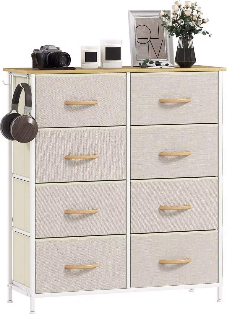 Cassettiera per camera da letto con 8 cassetti in tessuto, struttura in acciaio, beige