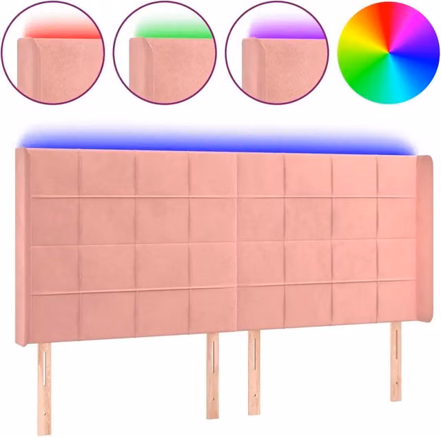 Testata del letto con illuminazione LED e porta di ricarica USB in velluto rosa, L: 203 cm, P: 16 cm, H: 118/128 cm – 1