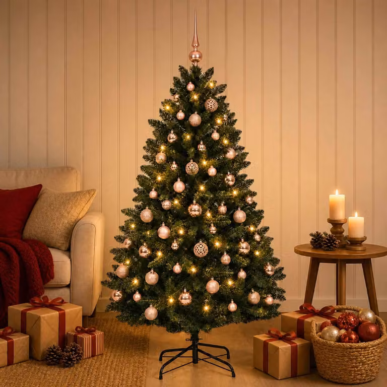 Albero di Natale artificiale, verde scuro, con decorazioni a palline, altezza 180 cm