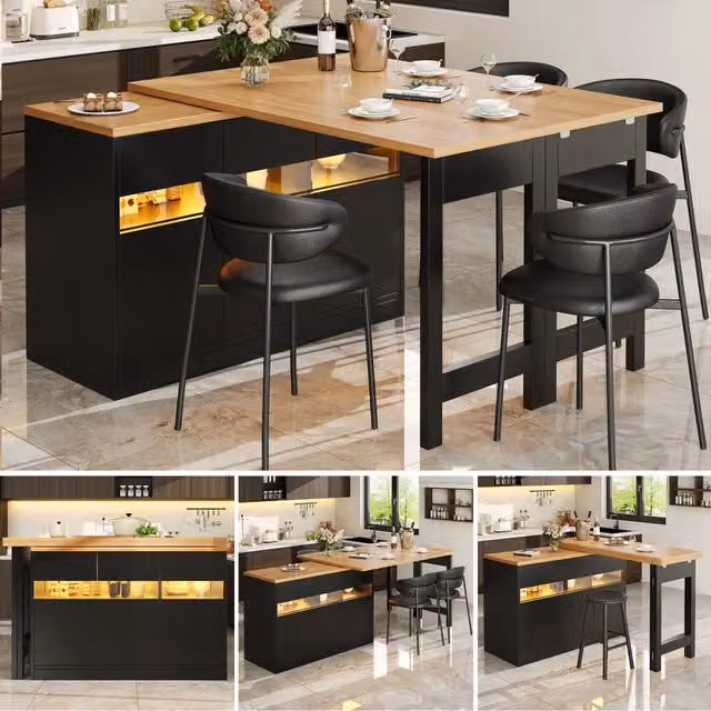 Tavolo da bar estraibile con illuminazione LED, rotazione 360°, regolabile 120-180 cm, moderno tavolo isola cucina con spazio di archiviazione per soggiorno, sala da pranzo, ufficio domestico