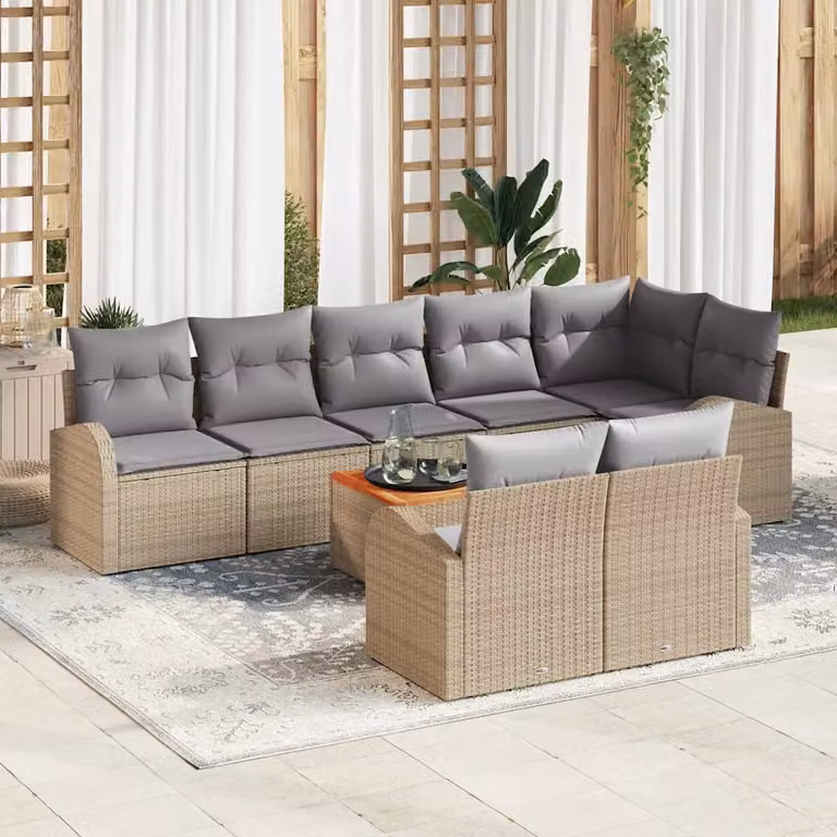 Set Divano da Giardino vidaXL 9 pz a forma a U in Polyrattan Beige con Cuscini e Tavolino da Caffè