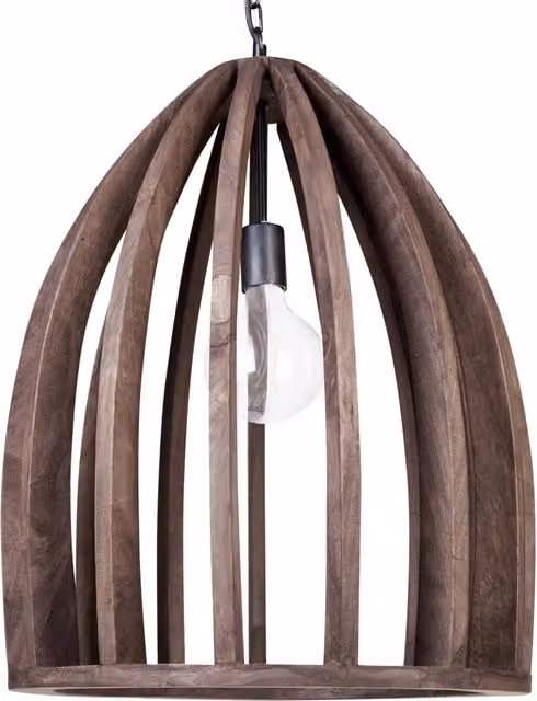 Lampada a sospensione Beliani in stile boho con paralume in legno naturale marrone e dettagli in metallo nero