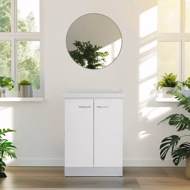 Mobile lavatoio 60x64 cm bianco con vasca in ceramica, fondo salvagoccia e asse in legno | Lavella