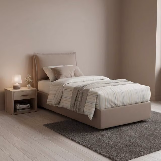 Letto singolo contenitore Arzon Talamo Italia con materasso incluso, rivestimento in tessuto beige, apertura frontale, 90x200 cm