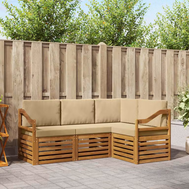 Set di divani da esterno a L vidaXL in legno di acacia con cuscini beige e marrone