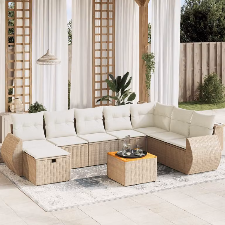 vidaXL Set Divano da Giardino a L 9 pz con Cuscini Beige e Tavolino in Polyrattan e Acciaio