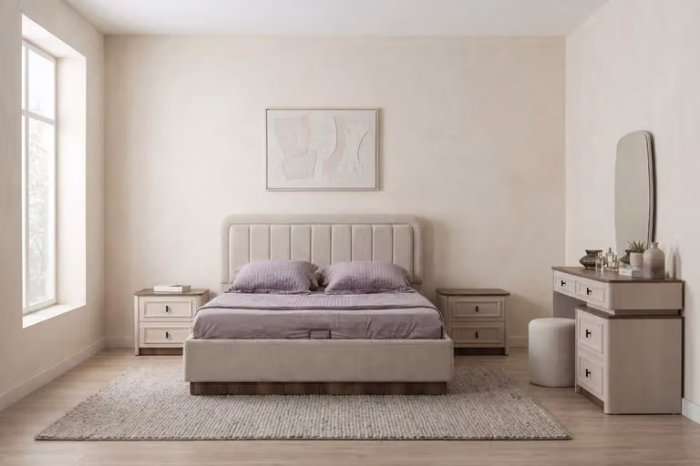 Set per camera da letto beige, design moderno, lussuoso, completo di letto, comodino e poggiapiedi, di alta qualità