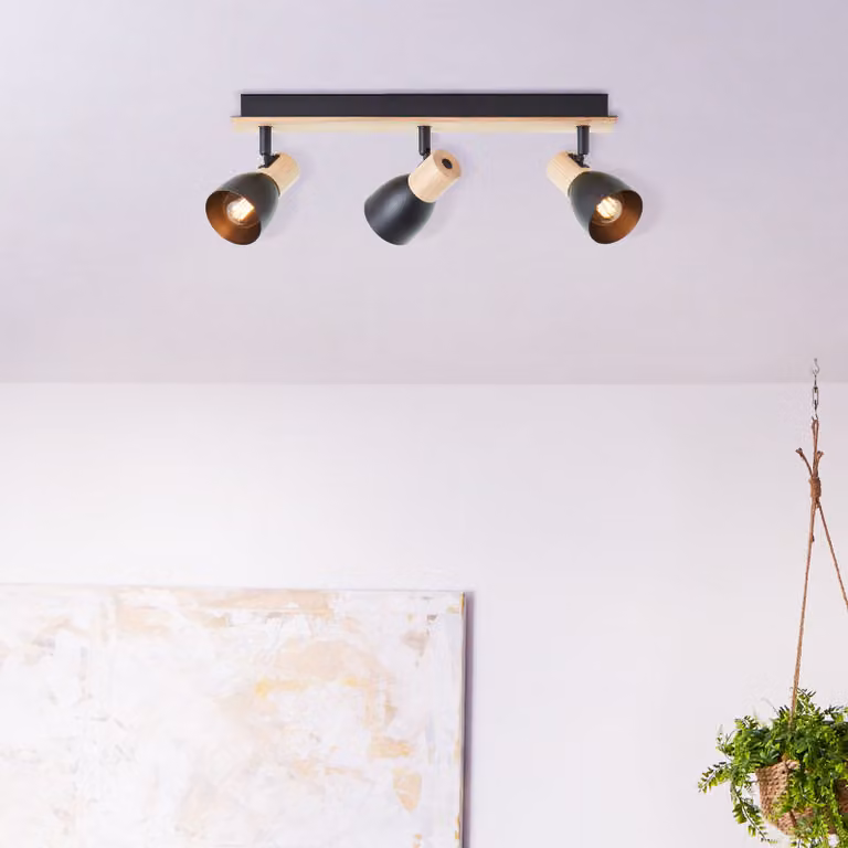 BRILLANTE barra nera per faretti DAINTREE | lunghezza 48 cm | E14, max. 28 W | teste orientabili | metallo/legno