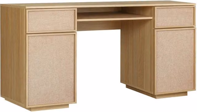 Scrivania decorativa in legno e tessuto 2 ante 2 cassetti 1 nicchia,