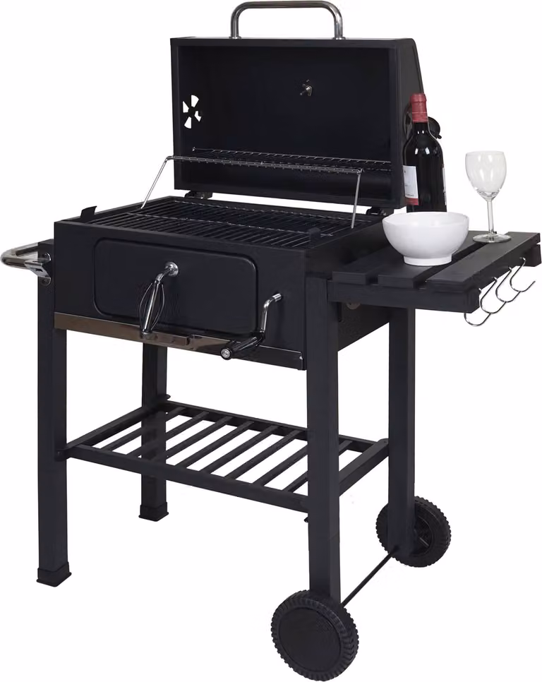 Carrello barbecue MCW-K93, barbecue a carbonella da terra con coperchio e ripiani, in acciaio, 110x100x51 cm, nero