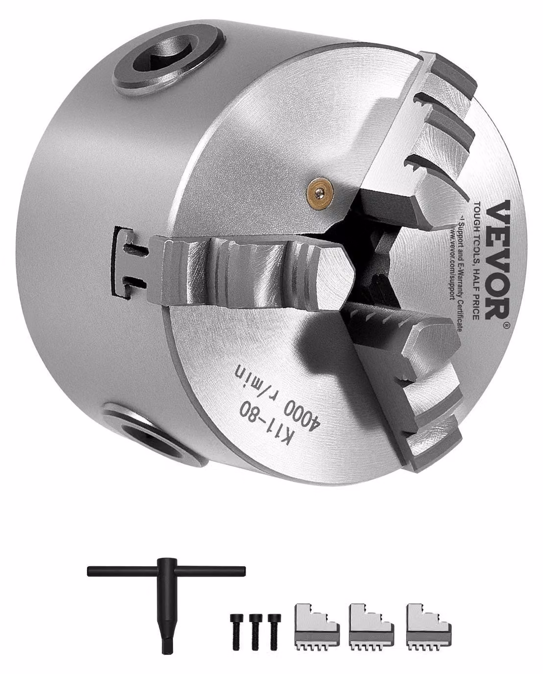 VEVOR Mandrino per tornio a 3 griffe 80mm Mandrino autocentrante Gamma di serraggio 2-63mm Ganasce reversibili HT300 Materiale per torni per legno e metallo