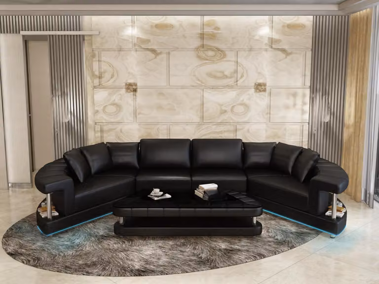 Ledersofa Couch Wohnlandschaft Ecksofa Eck Garnitur Rund Design Sofa R7007E