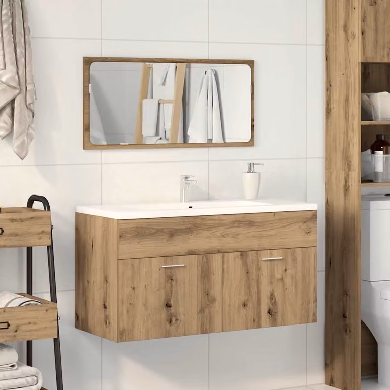 Mobile da bagno vidaXL con specchio e armadietto a muro in MDF color rovere marrone, L 90,0 cm x P 38,5 cm x H 46,0 cm