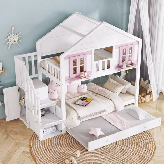 letto a castello in legno massiccio e mdf bianco rosa 90x200 cm