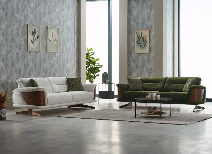 Couchgarnitur Dreisitzer Weiß Grün Couch Stoff 2tlg Polstersofa Sofas