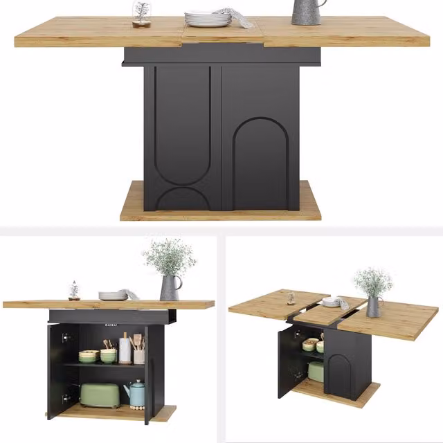 Tavolo da pranzo allungabile 110-140 x 80 x 76 cm con mobile contenitore; MDF nero e naturale