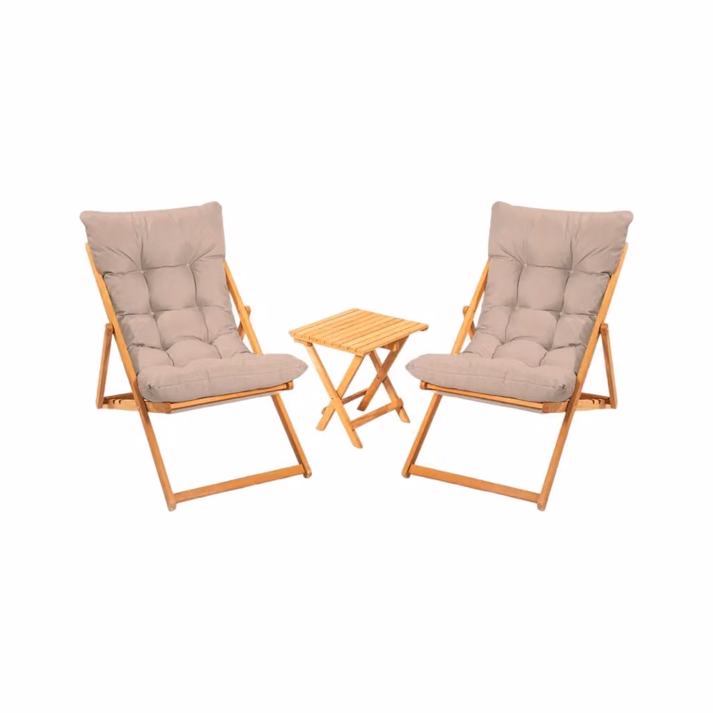 Set Salotto da Esterno Leni DMORA con Divano a 2 Posti e Tavolino, Legno Massello e Cuscini, Marrone e Beige – 2