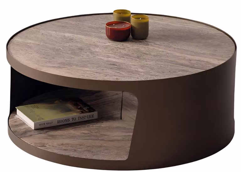 Eleganter Couchtisch mit runder Marmoroberfläche und offener Ablage