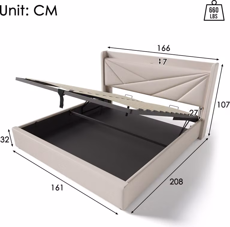 Letto imbottito Sweiko (letto funzionale letto idraulico con rete a doghe), letto contenitore 160x200cm con funzione di ricarica USB tipo C testata, biancheria