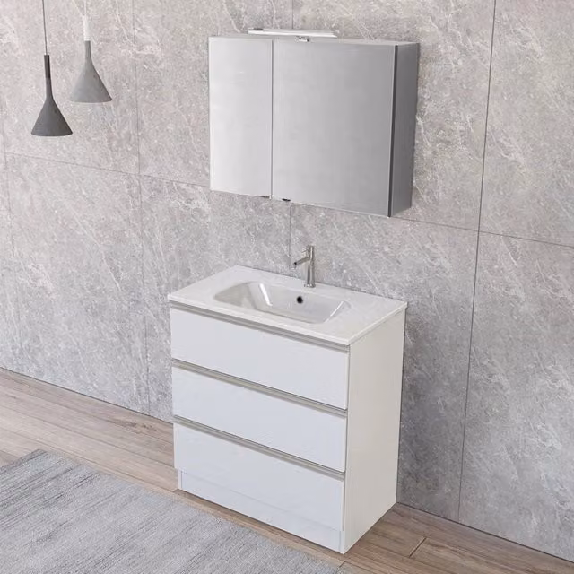 Mobile bagno Master bianco opaco con lavabo, specchiera con illuminazione LED e cassetti L 80 x P 45 x H 87 cm