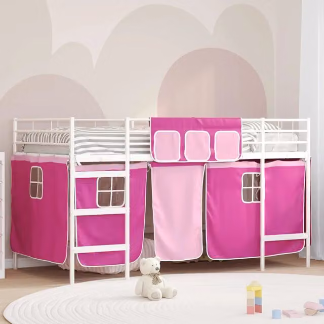 Letto a castello per bambini con tende Bianco e Rosa 42020825