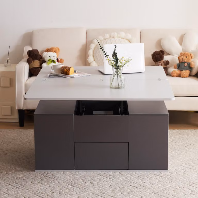 Tavolino da caffè 100 x 51 x 47 cm, tavolino da caffè con altezza regolabile, realizzato al 100% in pannello di particelle, colore grigio, con 2 cassetti e vani a giorno