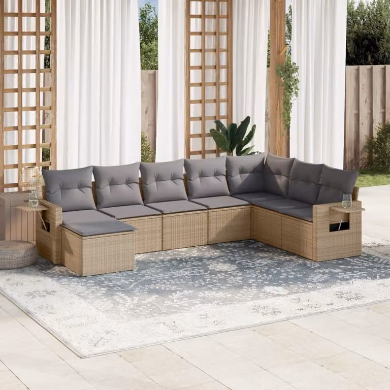 vidaXL Set Divano da Giardino 8 pz a Forma a L con Cuscini Beige e Ottoman in Polyrattan e Metallo