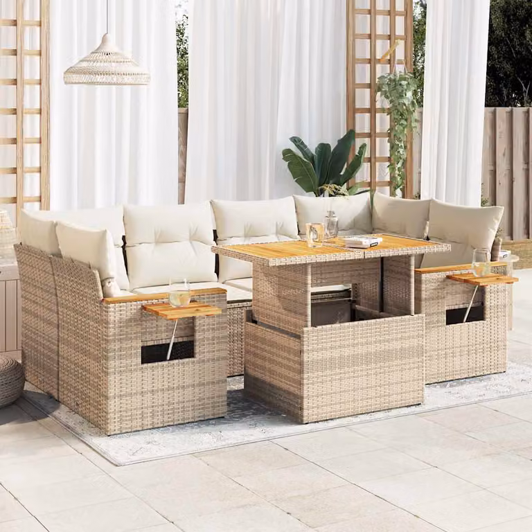 Set Divani da Giardino vidaXL 7 pz in Polyrattan e Legno di Acacia con Cuscini Beige e Tavolino da Esterno