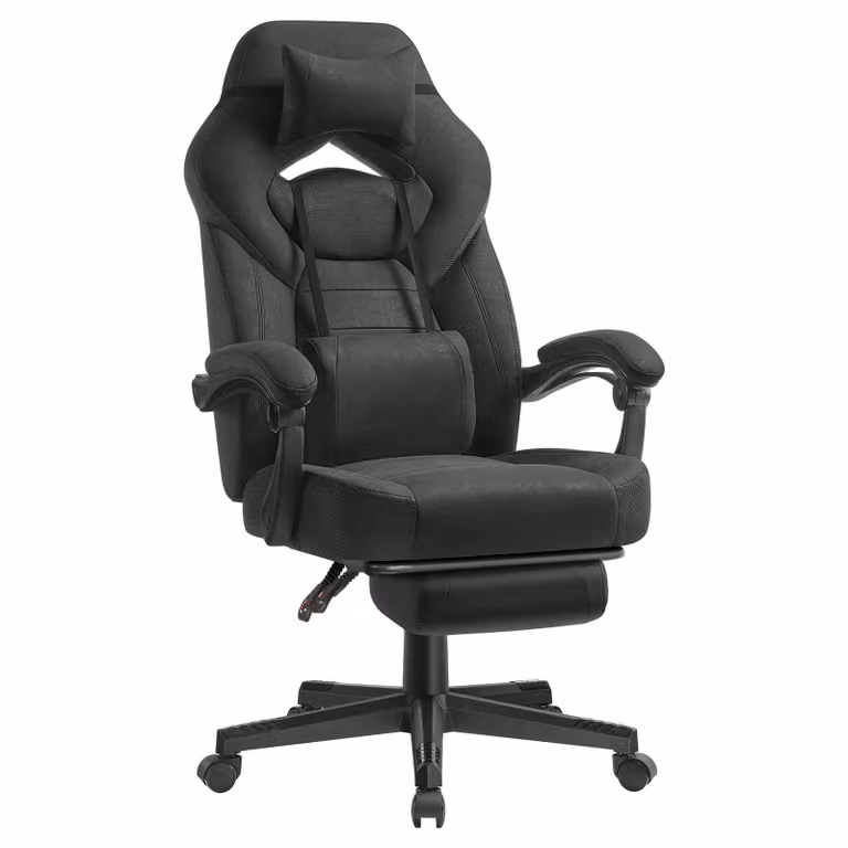 SONGMICS Sedia da ufficio ergonomica con poggiapiedi, sedia da gaming per l'ufficio domestico, cuscino lombare, poggiatesta, fino a 150 kg, nera