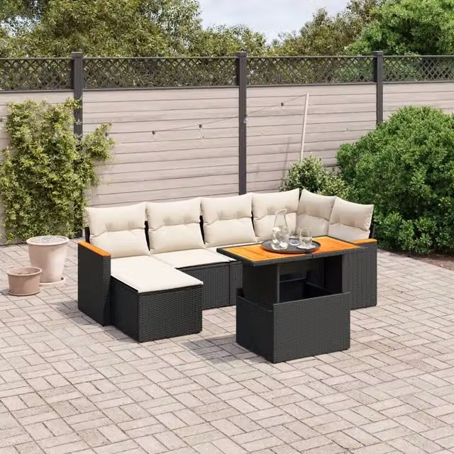 Set di divani da giardino VIDAXL a forma di L in polyrattan nero con 7 cuscini