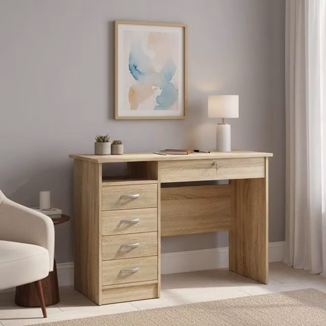 Scrivania Amor DMORA con 4 cassetti, colore marrone quercia, L: 109.3 cm, P: 48.5 cm, H: 75.6 cm