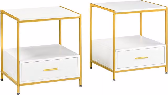 Set di 2 Comodini Moderni HOMCOM con Cassetto e Ripiano Aperto, Bianco e Oro, L 50 cm x P 40 cm x H 55 cm