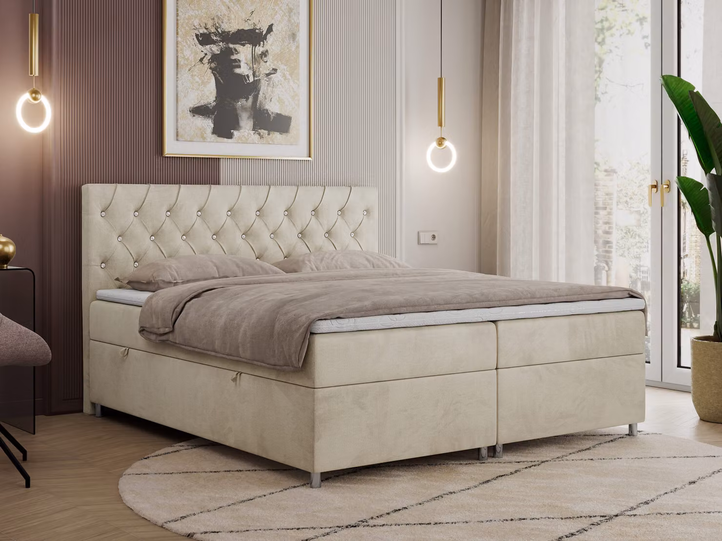 Letto boxspring 200x200 con contenitore, letto boxspring 200x200 con materasso, letto matrimoniale con materasso e topper - Letto imbottito con testiera - ROMA - 200x200 - Beige - Velvet - H3