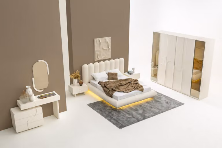 Set completo per camera da letto composto da 6 pezzi: letto, armadio, toletta e specchio