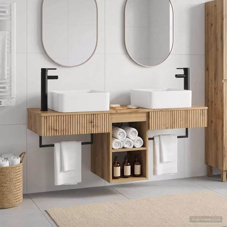 Set di mobili da bagno moderni vidaXL in legno marrone composto da 3 pezzi con vanità sospesa e cassetti interni