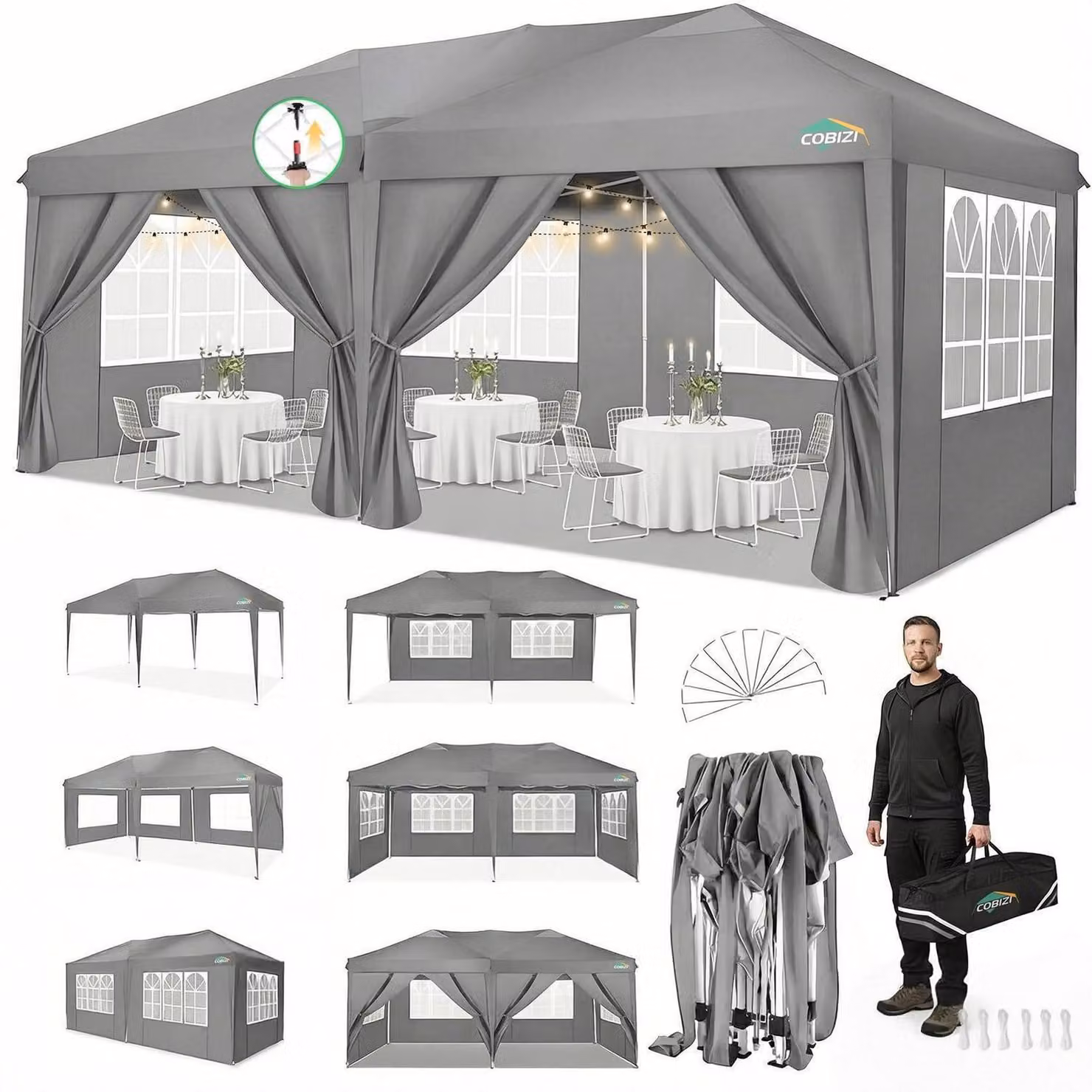 Gazebo da esterno 3x6 metri, grigio, con 6 pareti laterali, impermeabile, con protezione UV e struttura stabile