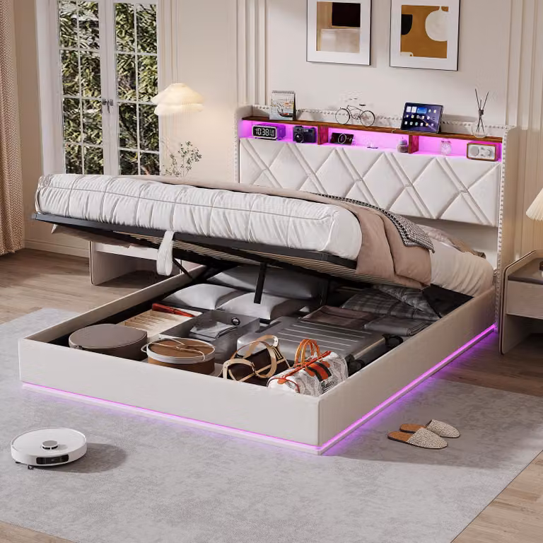 Letto imbottito UnboxG, 140x200 cm, beige, in tessuto di lino, con testiera contenitore, cassettiera sollevabile idraulica, illuminazione LED e prese USB