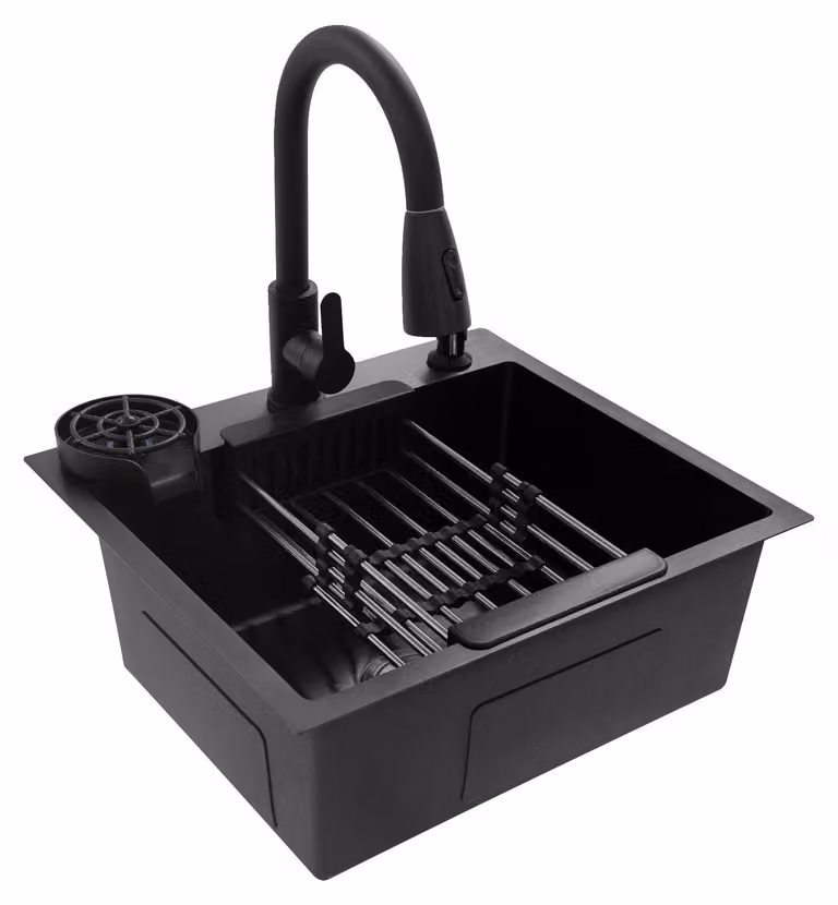 Lavello da cucina, rubinetto estraibile, multifunzione, nero